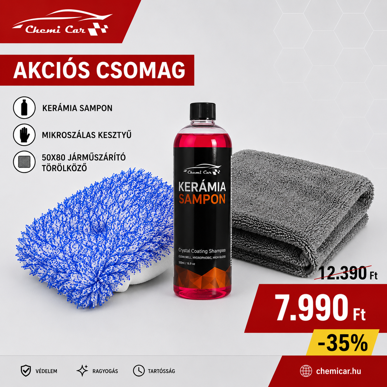 Külső autóápolási csomag kerámia samponnal mikroszálas kesztyűvel és 50x80-as járműszárító törölközővel