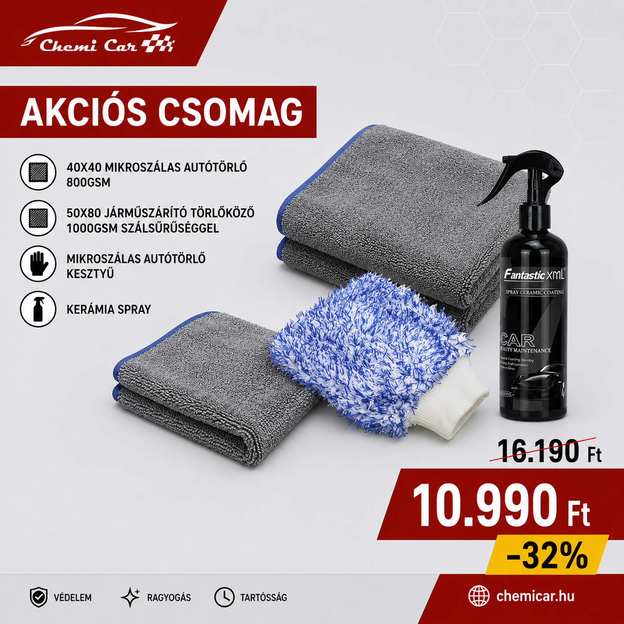 Autóápolási csomag mikroszálas kesztyűvel kerámia sprayel és törölközőkkel