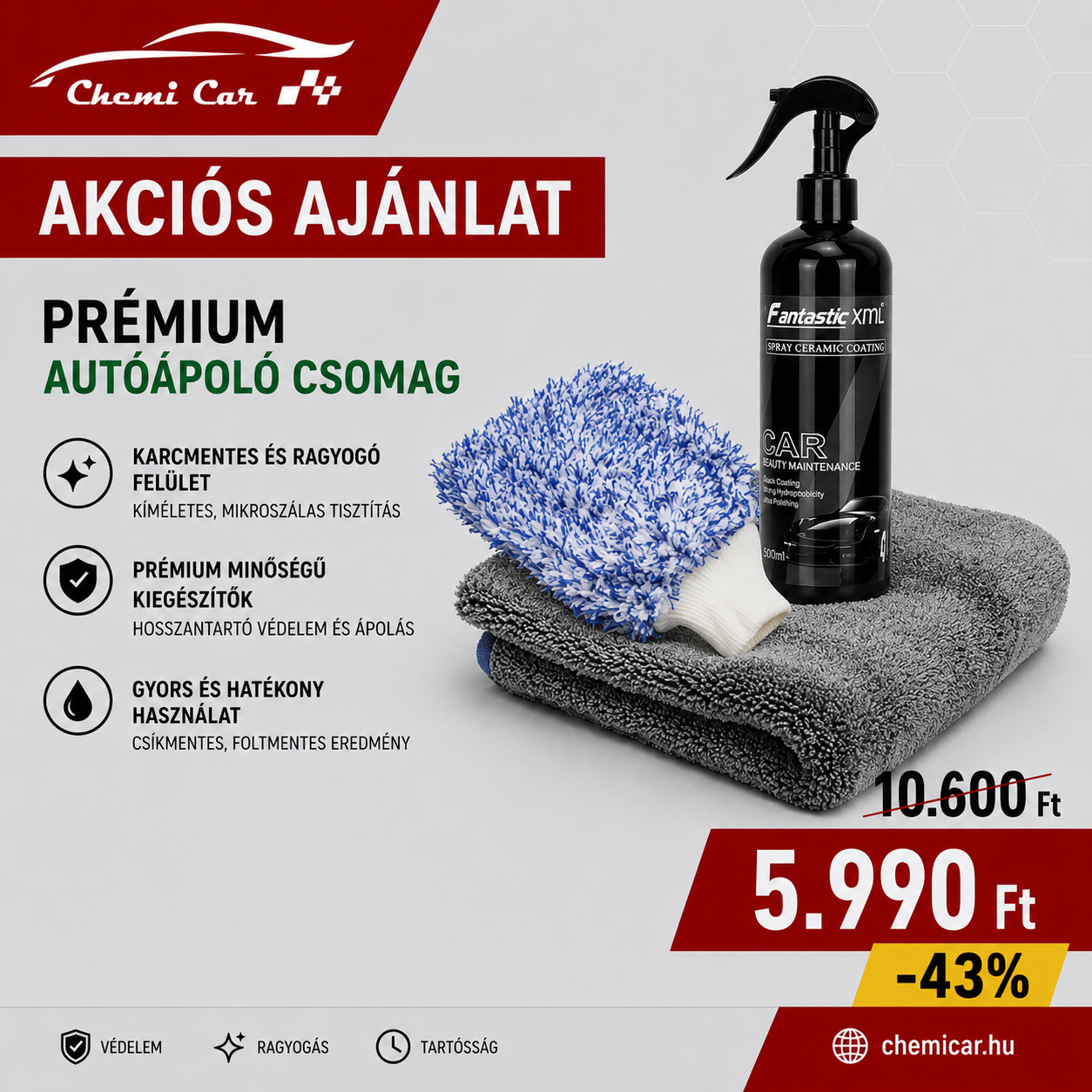 Mikroszálas külső autótisztító kesztyű kerámia sprayel és visszatörlővel