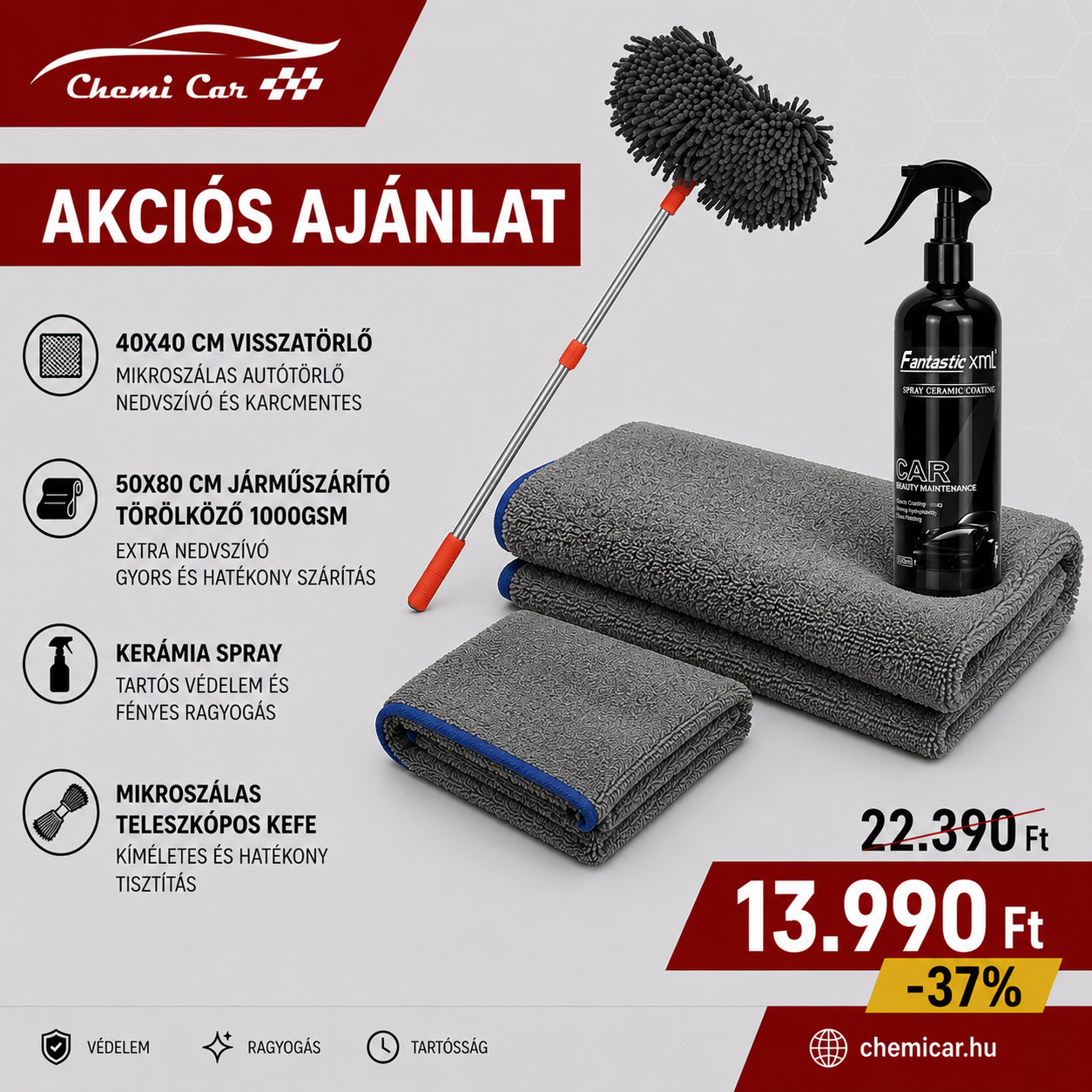 Autóápolási csomag mikroszálas teleszkópos autótörlővel kerámia sprayel és törölközőkkel